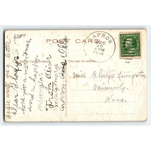 Santa Claus Christmas Postcard Holly Wreath Toy Sack Embossed Vintage 1910 - Picture 2 of 2